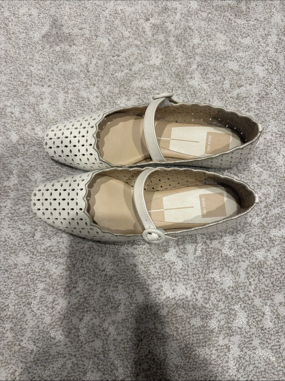 Dolce Vita Cream Perforated Mary Jane Flats with Scalloped Edge